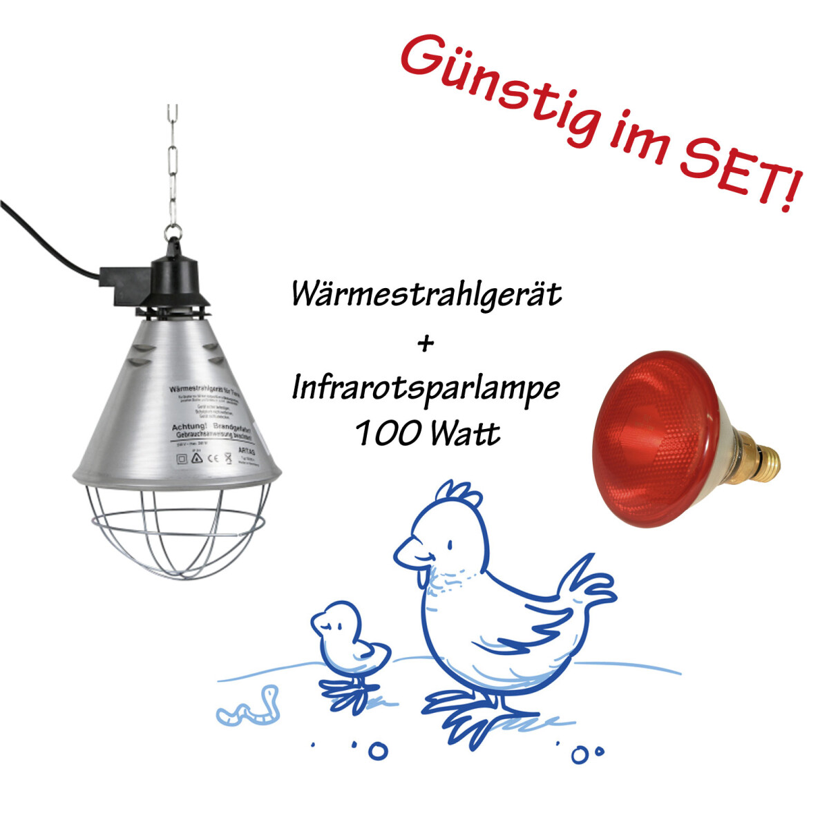 Infrarot-W&auml;rmestrahlger&auml;t Alu mit 5 m Kabel + Infrarot-Sparlampe rot 100 W