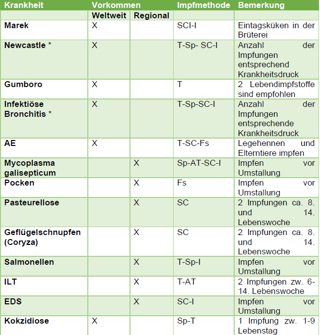 Beispiel eines Impfprogrammes für Küken und Hühner