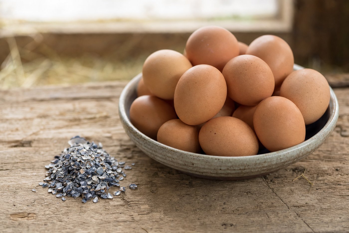 Frische Eier mit fester Schale in einer Schale auf Holztisch