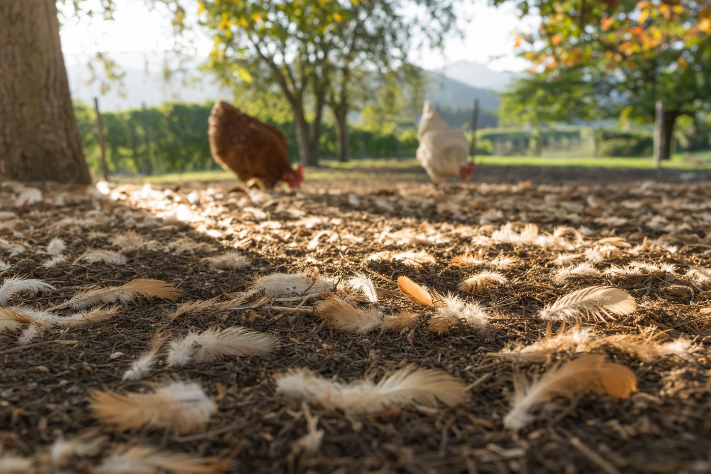 Abgeworfene Hühnerfedern im Auslauf während der Herbstmauser