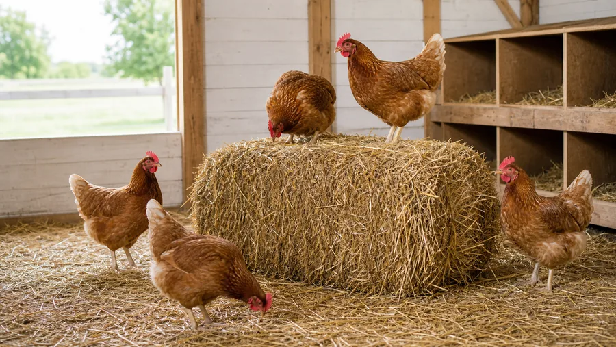 Strohballen mit Hühnern im Geflügelstall